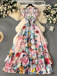 Casual Dresses Summer Holiday Gorgeous Floral Dress Women's Sleeveless Ruffles V Neck Flower Print Buttons Chiffon Bohemain Robe Vestidos