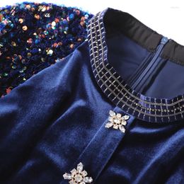 Casual Dresses 2024 Spring Autumn Fashion Designer Women Sequin Lantern Sleeve Crystal Button Velvet