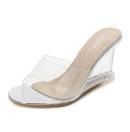Lady Sweat Wedding Party Dress Shoes Women Sandals Open Toe Wedges Shoes Sexy Crystal Heels Casual Dress Party Transparent1898907
