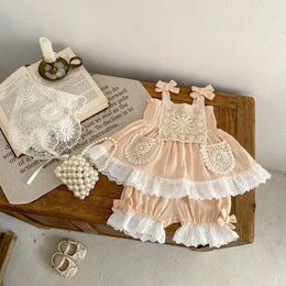 Clothing Sets Summer Korean Infant Girls 2PCS Clothes Set Sleeveless Lace Patchwork Bow Elastic Tops Shorts Suit Born Outfits