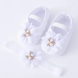 First Walkers 0-18months Baby Girls Shoes And Headband Soft Sole Non-Slip Pearl Flower Princess Wedding Dress Crib For Born