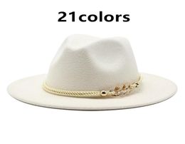 fedora hats women matel Rope chain band belt luxury Jazz Cap Wide Brim solid church elegant black white felted bucket cap hat wome7211115