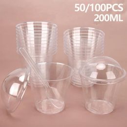 Disposable Cups Straws 50/100Pcs 200ML Dessert With Spoons Lids Transparent Plastic Cafe Cup Multi-Use Ice Cream Container Parfait