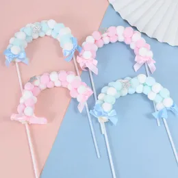 Party Supplies Pink Blue Soft Pompom Fur Ball Arch Cake Topper Happy Birthday DIY Top Flags Decoration Cupcake Baking