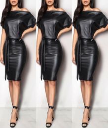 Black Asymmetrical Sexy Faux Leather Bodycon Dress Women Summer Long Sleeve Knee Length Pencil Dresses7400659