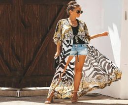 Women039s Swimwear 2021 Bikini Coverups Bohemian Printed Long Kimono Cardigan Plus Size Chiffon Tunic Women Beach Wear Swim Su9034187