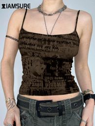 Women's Tanks IAMSURE Waste Soil Style Character Printed Camis Top Vintage Slash Neck Sleeveless Crop Tops Women Summer Fashion Streetwear