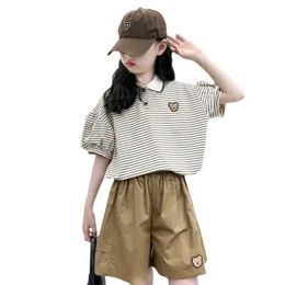 Clothing Sets 2024 South Korean Summer Youth and Girls Clothing Set Sports Short sleeved Polo T-shirt+Shorts 2PCS Childrens Clothing Set 7 9 13 Youth Clothing Q240517