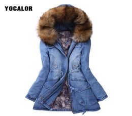 Winterjacke Frauen Frauen Denim Jacken erwärmen Waschbär Pelzkragen Mantel Parka Außenbekleidung Dicke Overtock Park6219036