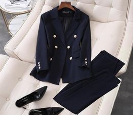 2020 New Elegant ice Work Wear Pant Suits 2 Piece Sets Double Breasted Blazer Jacket & Trousers Suit For Women Set S-5XL5711144