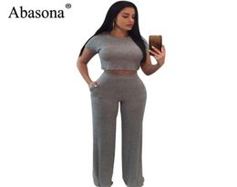 Abasona Women Jumpsuits Summer Two Piece Outfits Casual Short Sleeve Wide Leg Pants Female Rompers Jumpsuit Black Blue Gray6728118