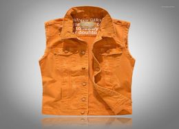 Men039s Jackets Fashion Orange Denim Vest Ripped Jacket Casual Vests Men Retro Sleeveless Slim Fit Jeans Tank Top Plus Size2498675