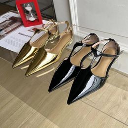 Casual Shoes Comfort For Women Female Sandal All-Match Girls Fashion Beige Gold Pointed Low Solid PU Fabric Scandals Rome Buckle Strap