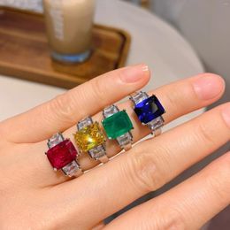Cluster Rings Charms Square Ruby Sapphire High Carbon Diamond Couple 2024 Trend Women's Jewelry Give Girlfriend Gift Proposal Birthday