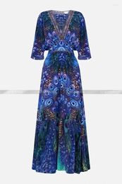 Party Dresses Women Vintage Style Nail Bead Mysterious Blue Peacock Flower Print Silk Long Dress