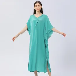 Party Dresses Casual Half Sleeves Ruffle V-Neck Silk Woman Oversized 4XL Dress Elegant Mojito Blue Split Hem Simple Long AE1106