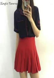 Preppy Pleated Skirt Women Fashion Streetwear A Line Tennis Skirt High Waist Korean Solid Colour Red Pink Blue Mini Jupe Femme156556753059