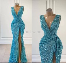 2022 New Shiny Sequines Celebrity Dress Deep V Neck Short Sleeves Mermaid Glitter Split Side Evening Gowns Red Carpet Prom Dresses4515893