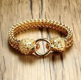 Antique Double Lion Head Herringbone Chain Bracelet For Men Stainless Steel Gold Tone Hip Hop Punk Men Jewelry 225cm T1907021340731
