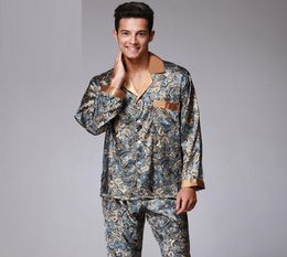 Man039s Fashion V Neck Fake Silk Pyjamas for Men with L XL XXL Size with Printing Open Shirt with Button Sleepwear For Men Long2286370