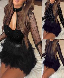 Casual Dresses Sexy Women Mesh See Through Long Sleeve Dress Clubwear Fur Patchwork Trutleneck Bandage Bodycon Evening Party Short1608021