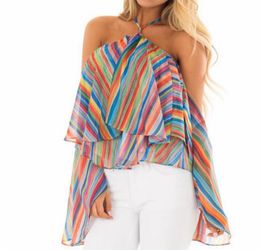 2018 Summer Womens Tops and Blouse Chiffon Rainbow Printed Long Sleeve Shirts Tunic Cold Shoulder Flare Sleeve Blouses2694322