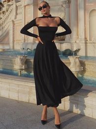 Casual Dresses Halter Neck Cut Out Elegant Dress Long Sleeve Black Autumn Winter Fashion Turtleneck A Line Maxi Sexy Women 2024