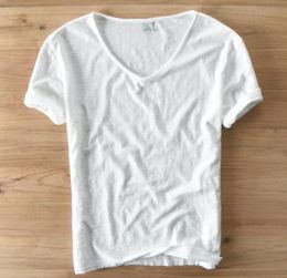 Summer T Shirt Mens Linen Cotton Short Sleeve Tshirt Vneck Tops Tee Breathable Comfortable Slim Tshirt Men5871515