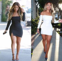 Fashion Women Clothing Sexy Off Shoulder Bodycon Mini Dress 2017 Women Long Sleeve Split Party Dresses Clubwear Slim Pencil Dresse3982547