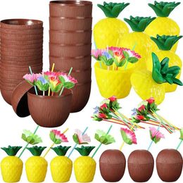 Disposable Cups Straws Hawaiian Summer Pineapple Coconut Drinking Cup Strawberry Shaped Juice Drink For Birthday Wedding Beach Pool Party