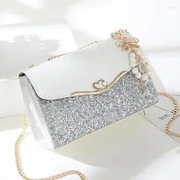 Shoulder Bags For Women Luxury Designer Chain Handbag Leather Sequin Glitter Pearls Bow Beading Black White Purses Ladies 2024