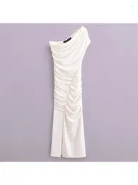 Casual Dresses Stylish Lady Fashion Diagonal Collar Summer White Slim Pleated Long Dress Girls 2024 Elegant Elastic