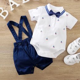 Summer Boys and Girls Gentleman Style Sailboat Print Cotton Baby Short Sleeve Triangle BodysuitTwo Piece Strap Pants Set 240518