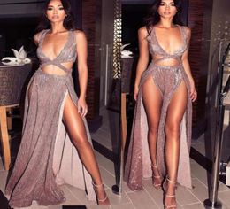 2018 Sexy Party Casual Dresses Deep V Sequin Split Clubwear Night Out Long Maxi Dresses Backless Floor Length Formal Long Dresses1091521