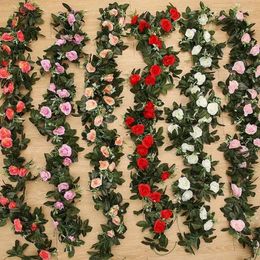 Decorative Flowers Vine Hanging Silk Artificial Rose For Wall Christmas Fake Plants Leaves Garland Romantic Wedding Home Decoration