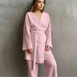 Home Clothing Spring And Summer Sexy Elegant Texture Knitted Loose Breathable Long Sleeve Lace-up Nightgown Trousers Two-Piece European Am