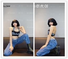 kpop TWICE EXO IU dance show same sexy sleeveless strapless halter vest tops blue loose High waist jeans two piece set women X095004004