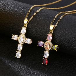 2024 High Quality 14K Gold Zircon Cross Pendant Necklace For Women Charm Female Religious Jewellery Gift
