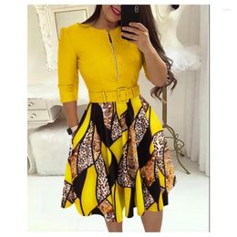 Casual Dresses Women's Elegant And Fashionable Round Neck Long Sleeve Dress With Belt Mid Waist A-line Midskirt