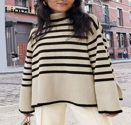 Black And White Stripe Sweater Streetwear Loose Tops Women Pullover Female Jumper Long Sleeve Turtleneck Knitted Ribbed Sweaters 26588438