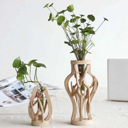 Vases 1 Set Pure Handwork Wooden Vase Decorated Solid Wood Flower Pot for Creative Glass Floral Hydroponic Container Home Decorative J240515