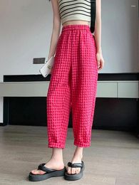 Women's Pants Summer Cotton Linen Loose Capri Female Women Korean Casual Street Hipster Trousers Wide Leg Red Black White Plaid