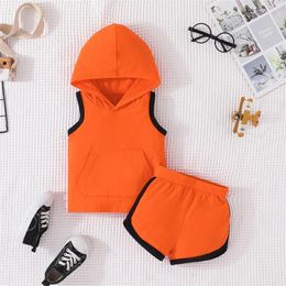 Jackets Infant Boys Suit Summer Sleeveless Hooded Top Solid Color Shorts Two Piece Daily Sports Wear Baby Clothes 3 Months Pant Set Boy