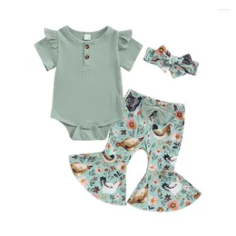 Clothing Sets Baby Girl Romper Outfit Ribbed Ruffled Short Sleeve Jumpsuit With Floral Chick Flare Pants Headband 3Pcs