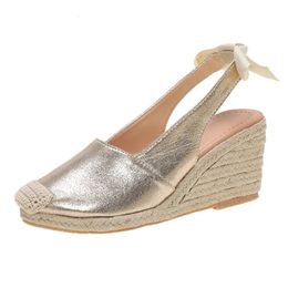 Fashion Women Wedges Sandals Summer High Heel Bow Handmade Shoes Closed Toe Bandage Large Size Slippers Beach TDLJ26GD 240517