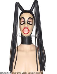 Sexy Pigtail Latex Hood With Wig Hair Transparent Face Zip At Back Open Eyes Mouth Nostril Rubber Mask 00547632187