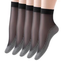 Women Socks 5 Pairs Ultrathin Lace Silk Summer Breathable Female Mesh Elastic Non-Slip Bottom Splice Invisible