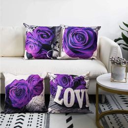 Purple Rose Linen Pillowcase 40*40 Living Room Sofa Cushion Cover 60*60 Home Decoration Pillowcase Valentines Day Gift 240514