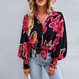 Women's Polos 2024 Autumn And Winter Colorful Shirts Selling Fashion Contrast Printing Lantern Sleeve OL Temperament Commut