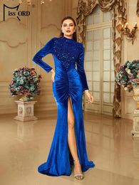 Casual Dresses Missord 2024 Blue Velvet Mermaid Evening Women Elegant Long Sleeve Sequin Ruched Front Split Maxi Party Prom Dress Gown